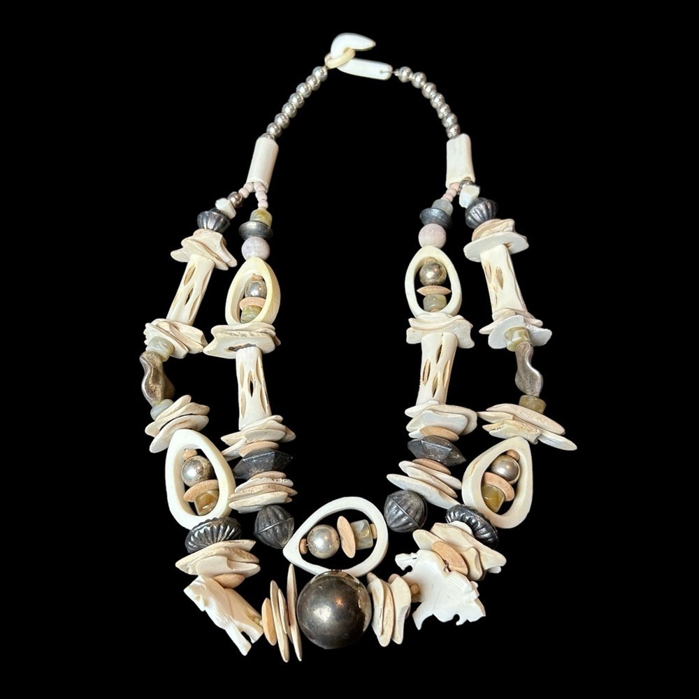 Bone Metal Stone Bead Vintage Two Tier Necklace Carved Lions Bone Hook Closure - Picture 7 of 16